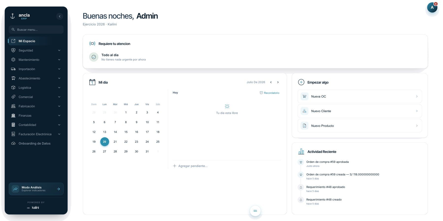 Pantalla real de inicio de Ancla ERP con calendario, pendientes y actividad