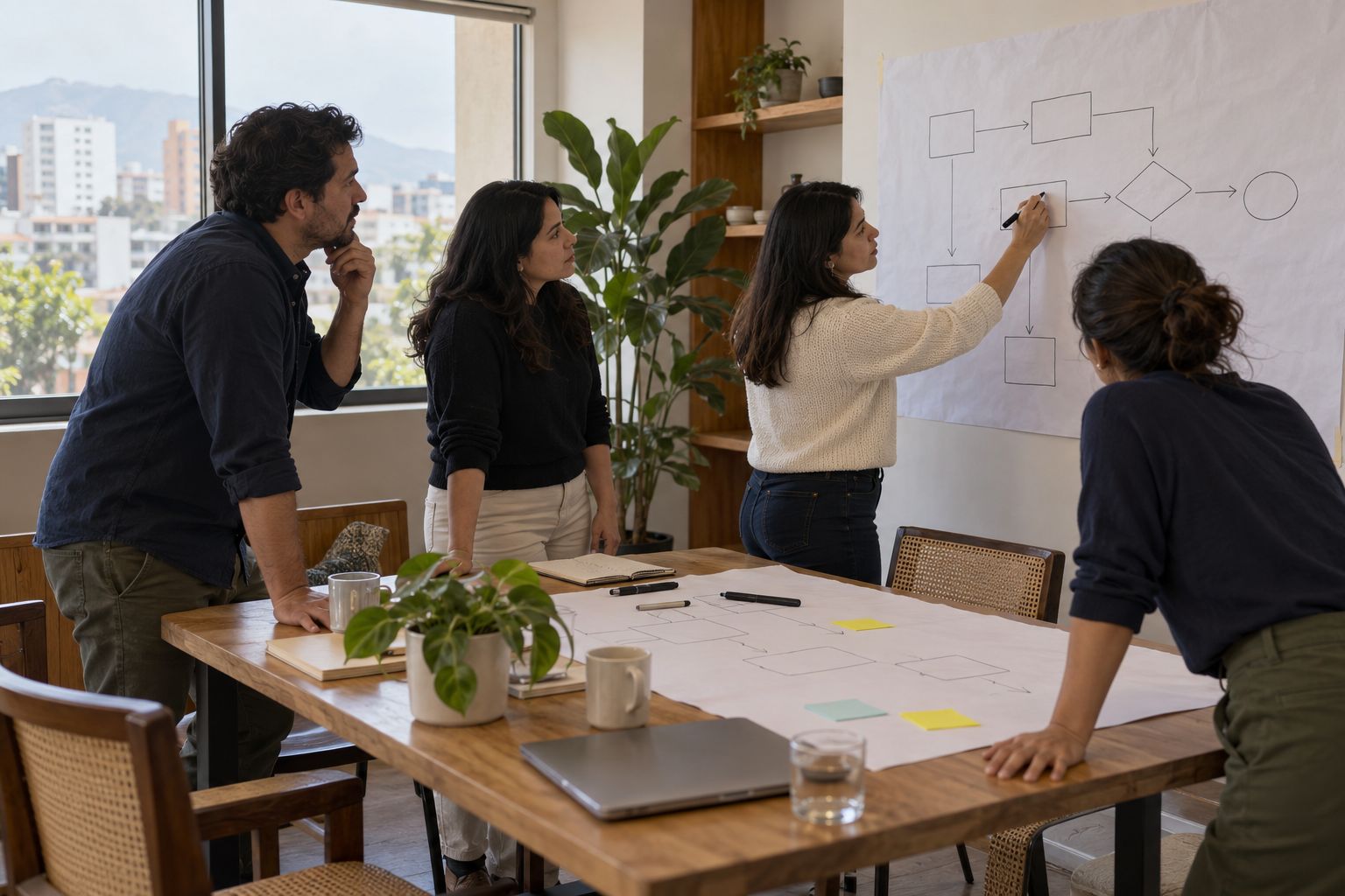 Equipo de especialistas revisando un mapa de procesos en un taller de trabajo