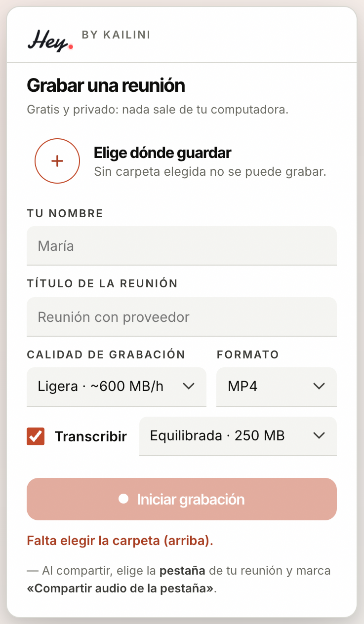 Panel de Hey para grabar una reunión: carpeta, nombre, título, calidad, formato y transcripción