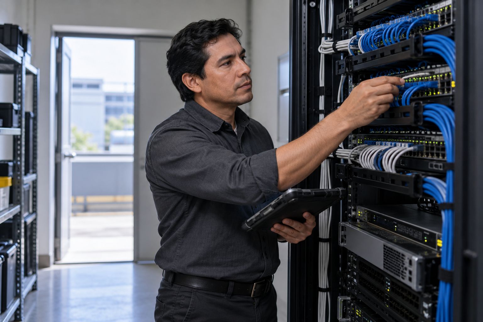 Ingeniero revisando conexiones de red en una sala de equipos