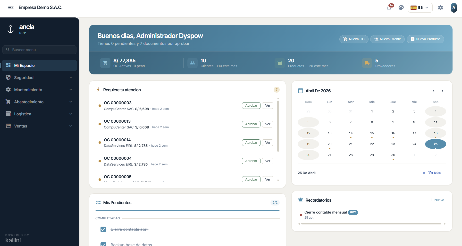 Dashboard de Ancla — vista de inicio con OCs por aprobar, métricas operativas y agente operativo