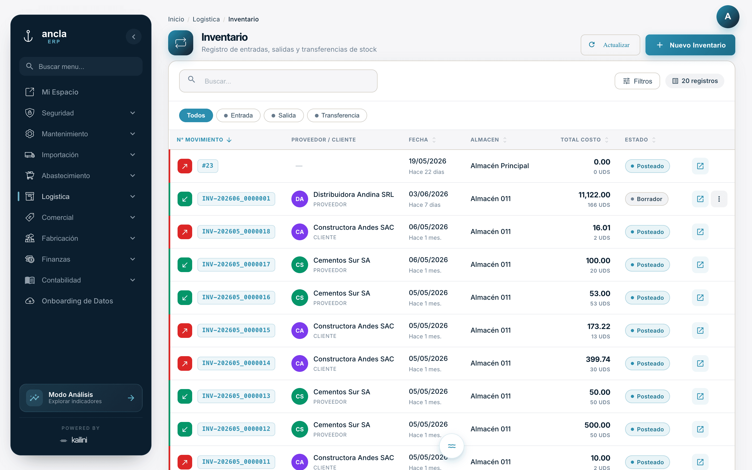 Pantalla real del módulo de Logística en Ancla ERP: movimientos de inventario por almacén con costo total.