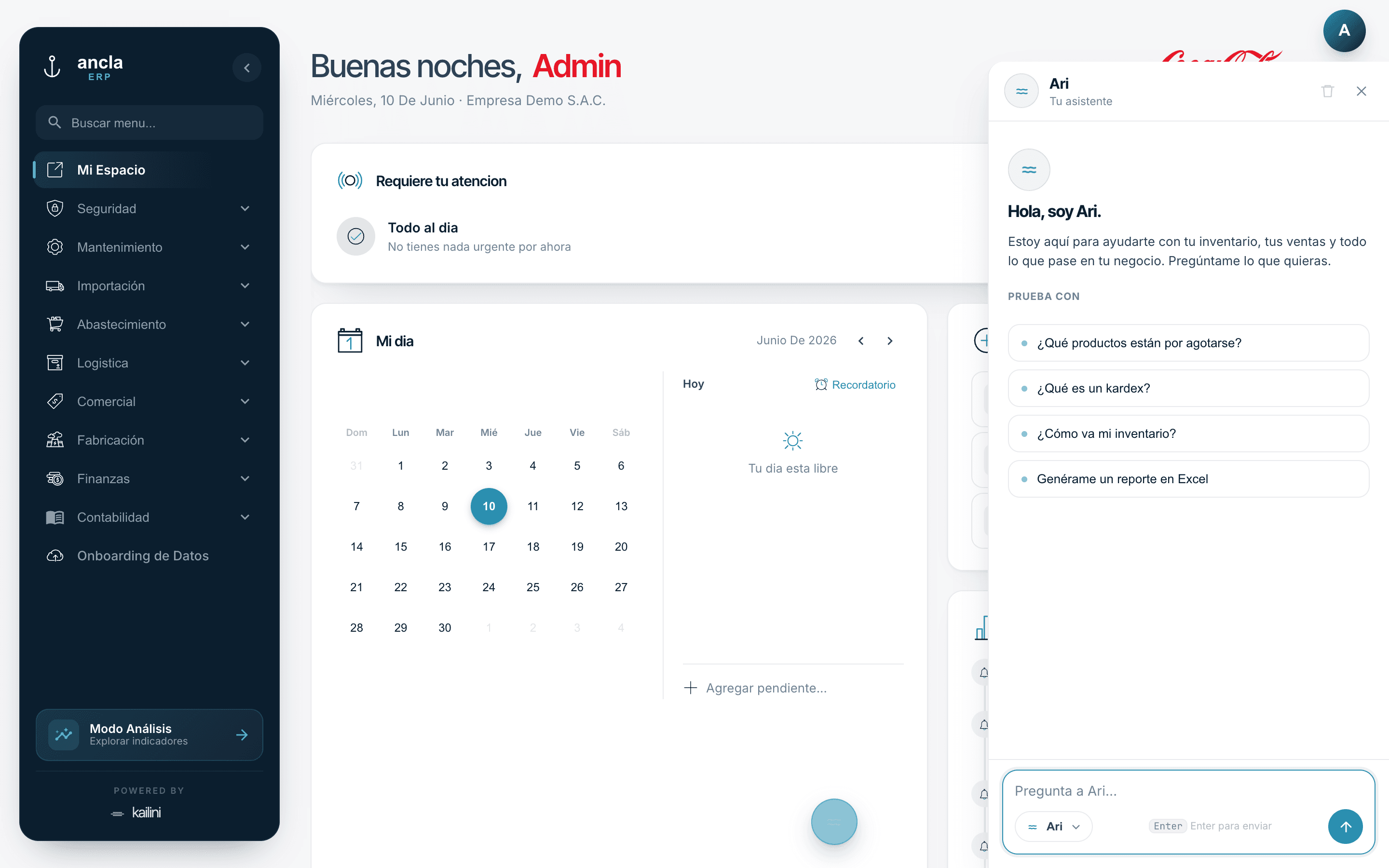 Pantalla real del panel de Ari dentro de Ancla ERP: el asistente sugiere preguntas como qué productos están por agotarse o genérame un reporte en Excel