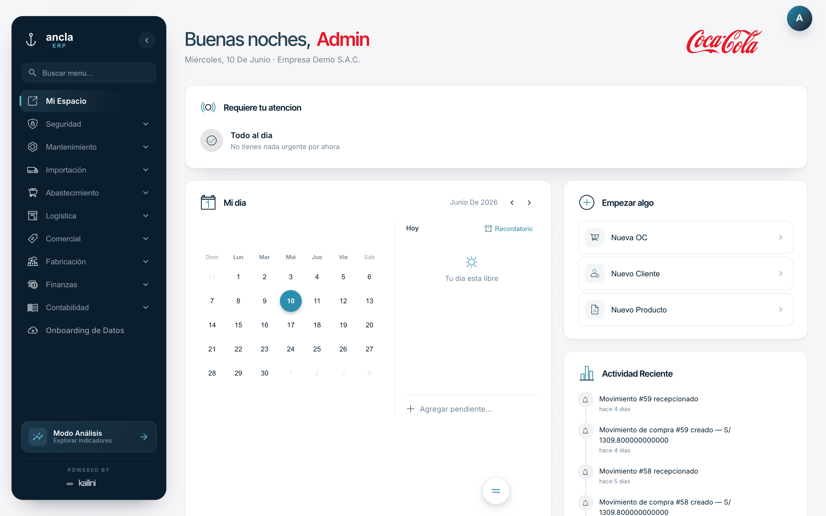 Pantalla real de Mi Espacio en Ancla ERP: saludo del día, pendientes que requieren atención, agenda y actividad reciente.