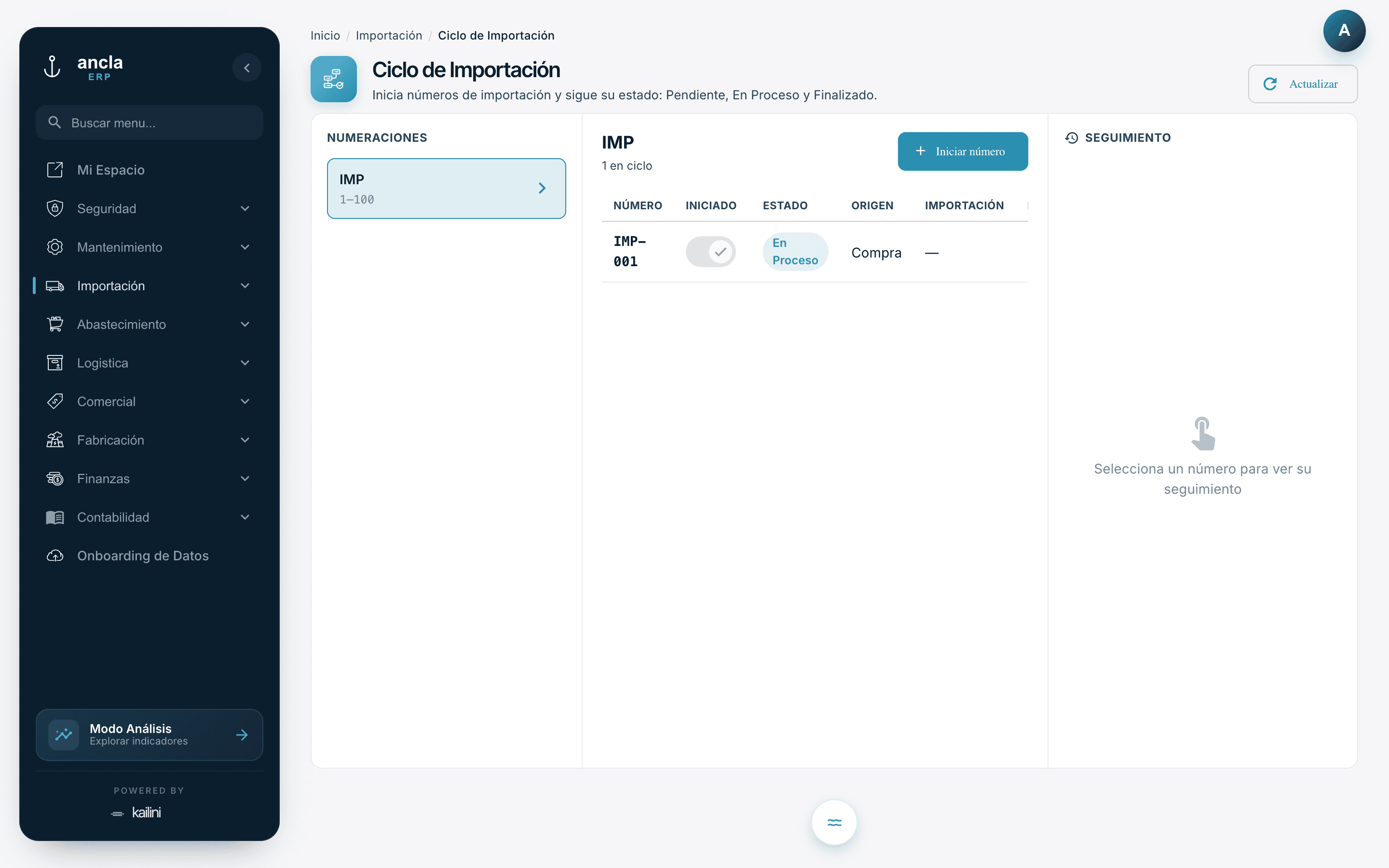 Pantalla real del módulo de Importación en Ancla ERP: ciclos de importación con sus etapas y costos.