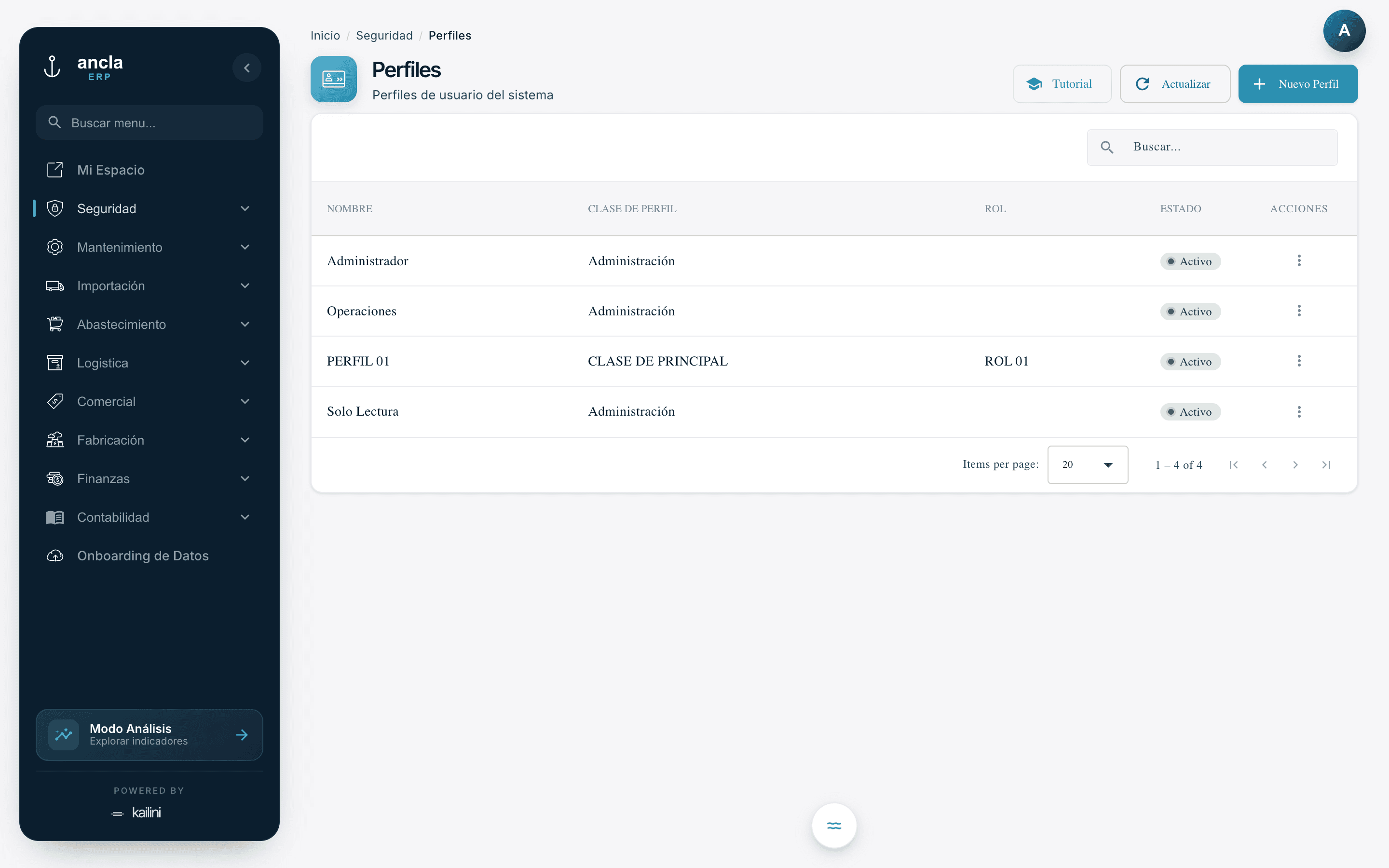 Pantalla real del módulo de Seguridad en Ancla ERP: perfiles de usuario con sus accesos.